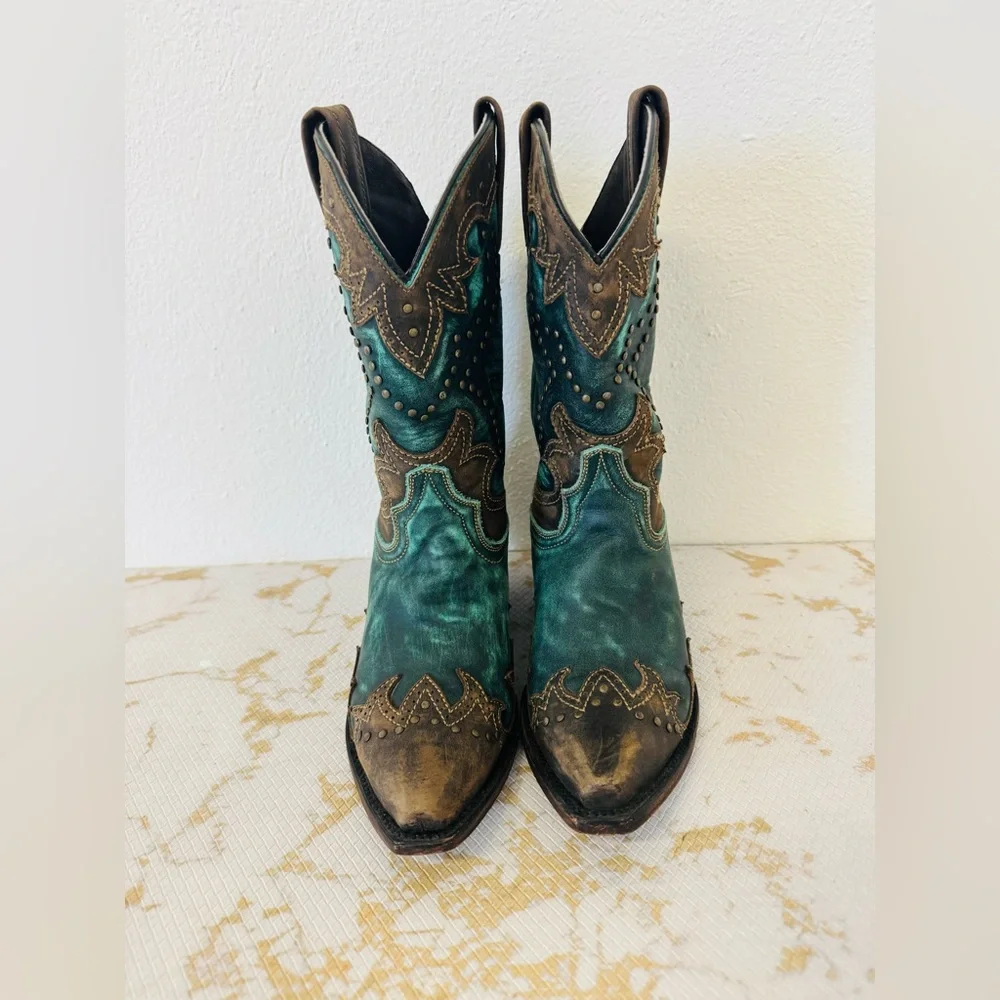 COBARCA Women’s Turquoise & Brown Leather Brass Studded Boots MX 23 - Picture 5 of 10